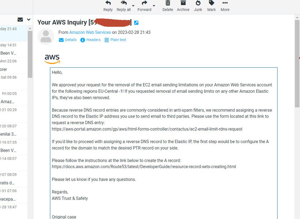 Persetujuan port 25 AWS EC2, region EU Central